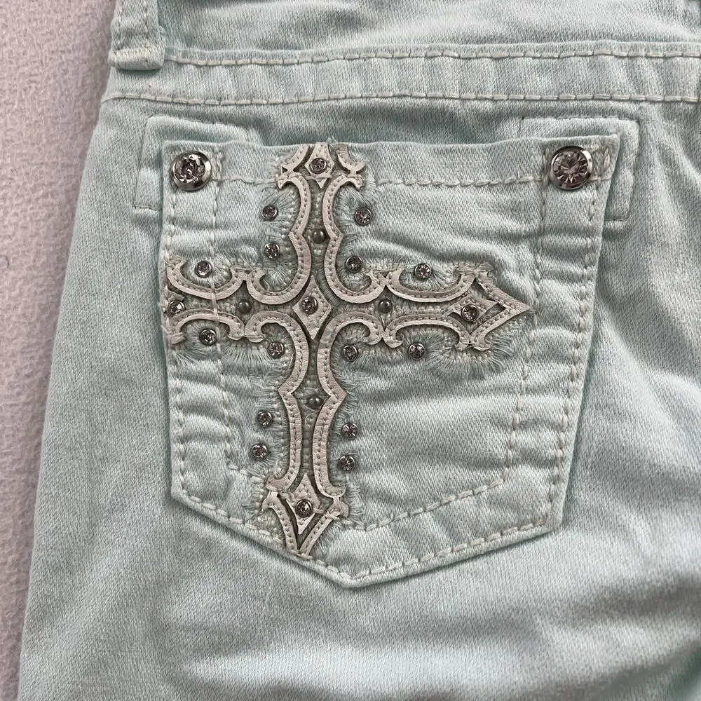 Miss Me Girl Icy Blue JK5633M4 Bermuda Bling Cross Stretch Denim Jean Short 16
